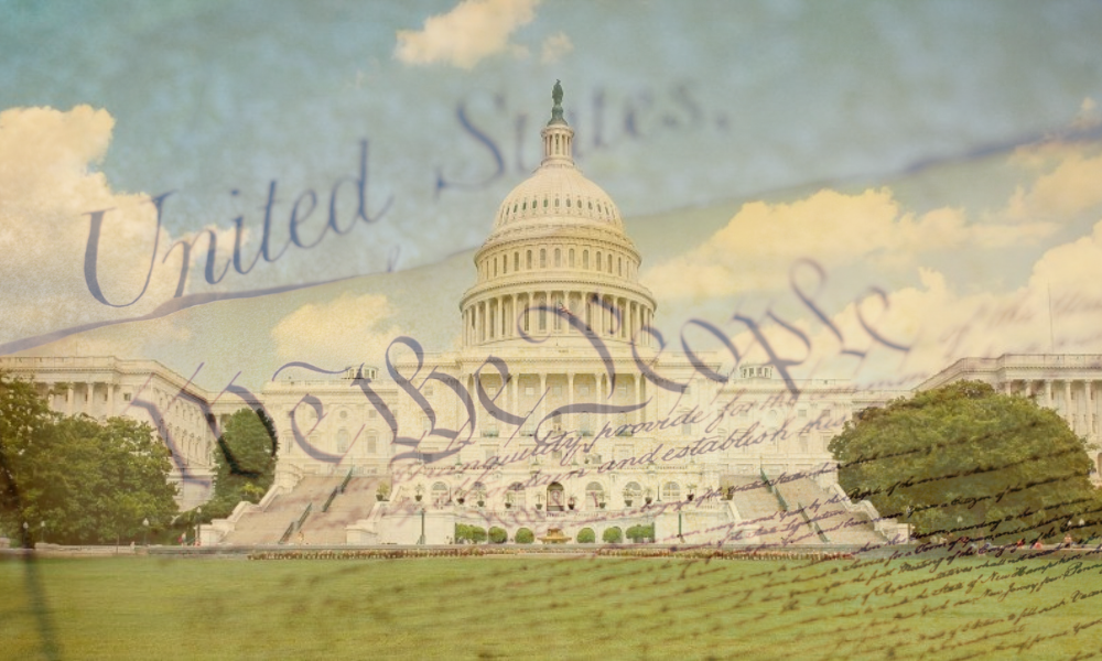 Image of Capitol Hill overlaid by an image of the U.S. constitution