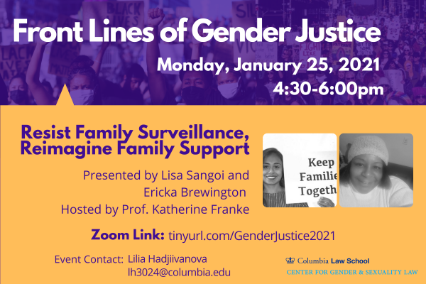 Poster for Front Lines of Gender Justice event on January 25th