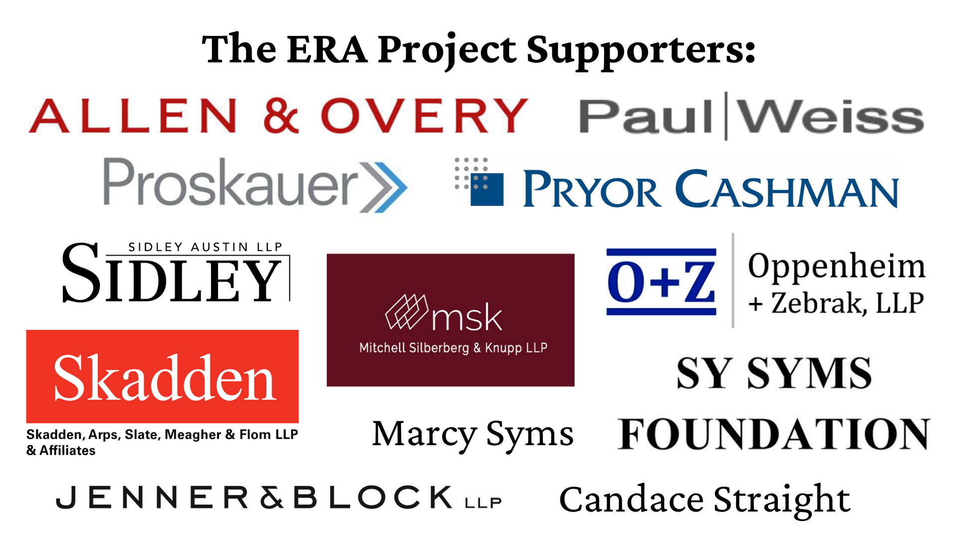 Logos and names of law firms, foundations and individuals who support the ERA Project