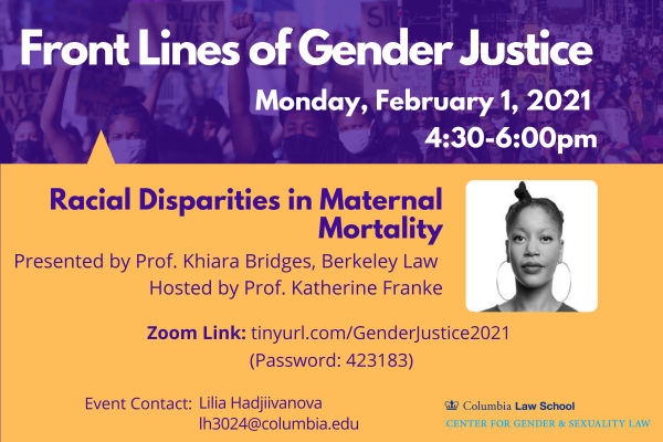 Poster for Front Lines of Gender Justice event on February 1st