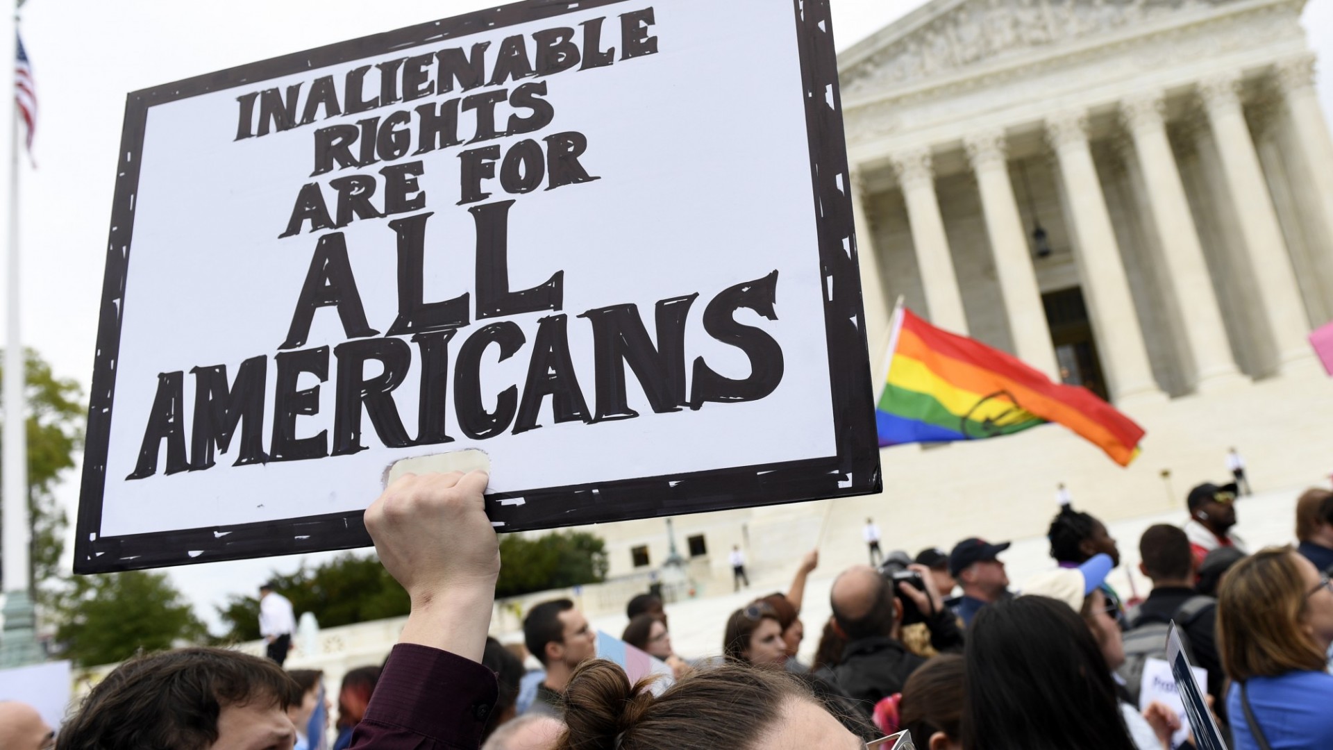 Photo by Susan Walsh/AP Photo of a sign being held up, reading "Inalienable rights for ALL Americans"